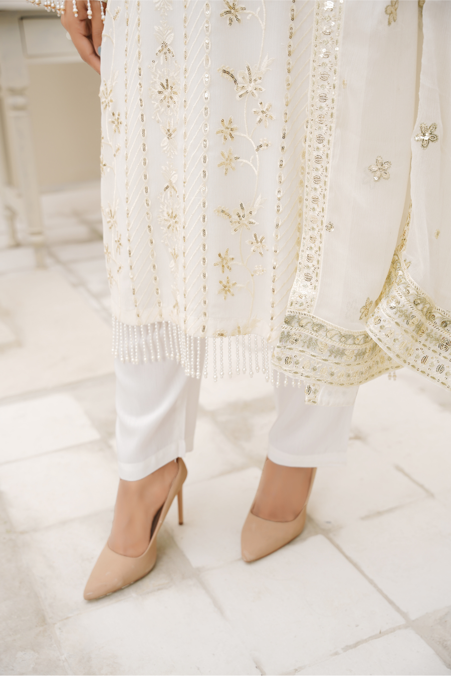 Aurora – Ivory Gold Embroidered 3Pc Suit | Viscose Pret