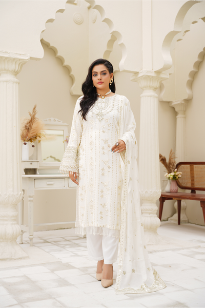 Aurora – Ivory Gold Embroidered 3Pc Suit | Viscose Pret