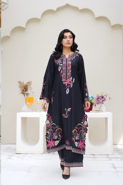 Elena – Black & Pink Embroidered Viscose 3Pc Suit